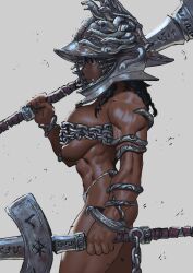 1girl abs armlet armor arung_samudra_(cessa) bikini_armor black_eyes breasts cessa chain dark_skin dual_wielding elden_ring gladiator hammer helmet highres holding holding_hammer jewelry large_breasts looking_to_the_side muscular muscular_female tarnished_(elden_ring) thick_thighs thighs veins veiny_arms war_hammer weapon