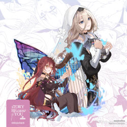 2girls absurdres aponia_(honkai_impact) black_dress blue_butterfly blue_eyes breasts brown_hair bug butterfly closed_mouth dress eden_(honkai_impact) harp highres honkai_(series) honkai_impact_3rd insect instrument large_breasts long_hair long_sleeves mole mole_under_eye multiple_girls pantyhose purple_dress purple_hair purple_pantyhose sappheiros veil yellow_eyes