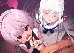 1boy 2girls bandaged_arm bandages bar_censor black_nails blue_archive censored closed_mouth commentary_request gauze gauze_on_cheek grey_eyes grey_hair halo hetero highres loli long_hair looking_at_viewer multiple_girls nagusa_(blue_archive) nail_polish paid_reward_available penis penis_grab pov pov_crotch purple_eyes purple_halo robo_mikan shuro_(blue_archive) sound_effects thick_eyelashes variant_set white_hair