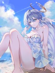 1girl absurdres aqua_eyes aqua_hair ass bare_arms bare_legs bare_shoulders beach blush breasts cleavage closed_mouth cloud cloudy_sky feathered_wings feet_out_of_frame frilled_one-piece_swimsuit frills hair_between_eyes head_wings highres honkai:_star_rail honkai_(series) long_hair looking_at_viewer nod2_u one-piece_swimsuit robin_(honkai:_star_rail) sitting sky smile solo starfish swimsuit white_one-piece_swimsuit wings