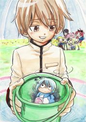 00s 10s 1boy 5girls akemi_homura arms_behind_head blonde_hair blue_hair blush bontamochi brown_eyes brown_hair bucket bug cd closed_eyes commentary_request crossed_arms drill_hair fang fly food gake_no_ue_no_ponyo hair_ornament hair_ribbon hairband hairclip highres insect kamijou_kyousuke kaname_madoka mahou_shoujo_madoka_magica mahou_shoujo_madoka_magica_(anime) miki_sayaka mouth_hold multiple_girls pantyhose pink_hair pocky ponyo ponytail purple_eyes ribbon sakura_kyoko short_hair short_twintails skirt tomoe_mami traditional_media twin_drills twintails