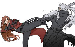 2boys armor belt black_boots black_coat black_pants black_shirt boots brown_hair coat crisis_core_final_fantasy_vii fighting final_fantasy final_fantasy_vii genesis_rhapsodos gloves grey_hair hair_between_eyes hair_over_one_eye highres kicking long_coat long_hair male_focus multiple_belts multiple_boys newb_ff7r pants pauldrons red_coat red_gloves sephiroth shirt shoulder_armor sketch upper_body white_background