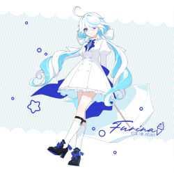 Rule 34 | 1girl, ahoge, ascot, black footwear, blue ascot, blue brooch, blue eyes, blue hair, character name, closed mouth, dress, full body, furina (genshin impact), furina (old design) (genshin impact), genshin impact, hair between eyes, heterochromia, highres, light blue hair, long hair, long sleeves, multicolored hair, rj (lingshih10), sidelocks, simple background, smile, streaked hair, twintails, two-tone hair, umbrella, white dress, white hair