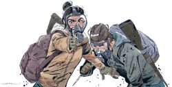 2girls ami_thompson artist_name backpack bag black_hair blood blood_on_face blue_bag brown_bag brown_hair coat dina_(the_last_of_us_2) ellie_(the_last_of_us) gas_mask gloves green_coat gun gun_on_back hair_bun handgun highres holding holding_gun holding_knife holding_weapon knife looking_at_viewer mask multiple_girls the_last_of_us_(series) the_last_of_us_2 upper_body weapon weapon_on_back white_background wide-eyed yellow_coat