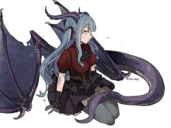 1girl animal_ears arms_at_sides ascot bang_dream! bang_dream!_it&#039;s_mygo!!!!! belt black_ascot black_corset black_ribbon black_skirt black_wrist_cuffs blue_brooch blue_hair breasts collared_shirt commentary corset cross-laced_clothes cross-laced_corset dragon_ears dragon_girl dragon_horns dragon_tail dragon_wings expressionless frilled_corset frilled_wrist_cuffs frills full_body gloves grey_gloves grey_pantyhose guagua977 hair_ribbon half-closed_eyes hashtag-only_commentary highres horns kemonomimi_mode large_breasts long_hair long_sidelocks looking_at_viewer miniskirt oblivionis_(bang_dream!) outline pantyhose petticoat profile puffy_short_sleeves puffy_sleeves red_shirt ribbon scales shirt short_sleeves sidelocks sitting skirt solo tail three_quarter_view togawa_sakiko twitter_username very_long_hair white_outline wings wrist_cuffs yellow_eyes yokozuwari