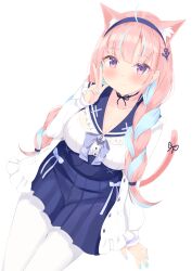 1girl absurdres anchor_hair_ornament anchor_symbol animal_ears blue_choker blue_nails blush bow braid breasts cat_ears choker colored_inner_hair hair_ornament hairband high-waist_skirt highres hololive jacket karmq long_hair long_sleeves looking_at_viewer minato_aqua minato_aqua_(sailor) multicolored_hair nail_polish official_alternate_costume pantyhose pink_hair purple_eyes ribbon sailor_collar school_uniform skirt smile solo tail tail_ornament tail_ribbon twin_braids two-tone_hair virtual_youtuber white_background white_pantyhose