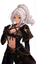 Rule 34 | 1girl, artist name, black bra, black coat, black pants, bra, braid, braided bangs, breasts, cleavage, coat, coconutcatcat, commission, final fantasy, final fantasy xiv, fingerless gloves, gloves, highres, hyur, looking at viewer, midriff, multiple braids, navel, open clothes, open coat, pants, ponytail, ponytail with braided base, red eyes, simple background, solo, underwear, warrior of light (ff14), white background, white hair