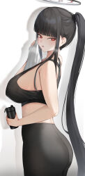 1girl absurdres ass bare_shoulders black_bra blue_archive blunt_bangs blush bottle bra breasts commentary_request halo highres holding holding_bottle holding_towel large_breasts long_hair nokyang pants ponytail red_eyes ringed_eyes rio_(blue_archive) solo sports_bra sportswear sweat towel underwear yoga_pants