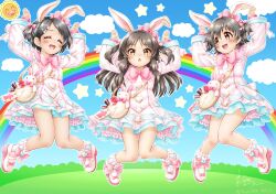 3girls :d ^_^ akagi_miria animal_ears arms_up bag black_hair blue_sky blush bobby_socks bow brown_eyes chestnut_mouth closed_eyes cloud commentary_request dress hair_between_eyes hair_ornament hairclip highres idolmaster idolmaster_cinderella_girls idolmaster_cinderella_girls_starlight_stage knees_together_feet_apart long_sleeves matching_outfits multiple_girls open_mouth pink_bow rabbit_ears rabbit_hair_ornament rainbow regular_mow sasaki_chie shoes shoulder_bag sky sleeves_past_wrists smile socks star_(symbol) sun_symbol swept_bangs tachibana_arisu two_side_up white_dress white_shoes white_socks