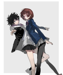 2girls black_hair black_jacket black_pantyhose black_skirt bow bowtie brown_hair collared_shirt genderswap genderswap_(mtf) grey_background grey_skirt highres hood hood_down hoodie jacket kamijou_touka_(toaru_majutsu_no_index) kamijou_touma kamisato_kakeru looking_at_viewer miniskirt multiple_girls open_clothes open_jacket pantyhose pleated_skirt qyzhiaiyisheng red_eyes school_uniform shirt short_hair simple_background skirt toaru_majutsu_no_index toaru_majutsu_no_index:_new_testament white_shirt