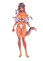 1girl abs areola_slip blush body_blush bow breasts cameltoe cleavage collarbone dragon_girl dragon_tail f.s. feet female_focus highres horns large_breasts long_hair looking_at_viewer monster_girl nose_blush original purple_hair red_eyes scar solo tail tan toned