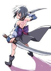 Rule 34 | 1girl, back tattoo, backless outfit, bare shoulders, black hair, breasts, dagger, dual wielding, highres, holding, holding dagger, holding knife, holding weapon, ikaringo (ikaringo4444), knife, leg tattoo, looking at viewer, medium breasts, samurai spirits, shadow, shiki (samurai spirits), short hair, simple background, solo, tattoo, weapon, white background