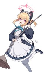1girl :3 :d absurdres animal_ear_headphones animal_ears apron aqua_bow aqua_bowtie back_bow black_dress black_shoes black_tail blonde_hair blue_archive blunt_bangs blush bow bowtie broom cat_ear_headphones cat_ears cat_tail chinese_commentary collared_dress commentary contrast_collar dot_nose dress fake_animal_ears fake_tail floating_hair floating_neckwear foot_out_of_frame frilled_apron frilled_dress frills hair_bow halo headphones highres holding holding_broom leg_up liago long_sleeves looking_at_viewer maid maid_apron medium_hair momoi_(blue_archive) momoi_(maid)_(blue_archive) official_alternate_costume official_alternate_hairstyle open_mouth pantyhose parted_bangs pink_eyes pink_halo puffy_long_sleeves puffy_sleeves red_bow shoes short_twintails sidelocks simple_background smile solo tail twintails white_apron white_background white_bow white_pantyhose