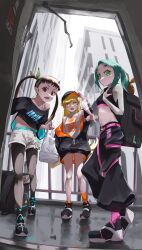 3girls absurdres armpits blonde_hair bra_strap bunoshii green_eyes hachikuji_mayoi highres jacket looking_at_viewer midriff monogatari_(series) multiple_girls navel ononoki_yotsugi open_mouth oshino_shinobu partially_unzipped red_eyes stomach twintails yellow_eyes