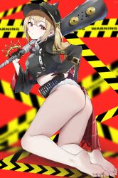 1girl absurdres ass barefoot blonde_hair club_(weapon) feet helmet highres long_hair looking_at_viewer luciana_de_montefio red_eyes soles toes yanwulazy zenless_zone_zero