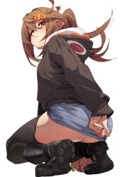 1girl ass black_thighhighs blue_shorts brown_hair closed_mouth from_behind fu-ta looking_at_viewer medium_hair original panties shorts simple_background solo striped_clothes striped_panties thighhighs underwear usami_taiga white_background