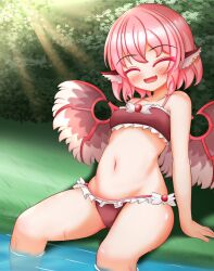 1girl :d animal_ears bikini bird_ears bird_wings blush breasts brown_bikini closed_eyes fang frilled_bikini frills highres kasoka_soka light_rays looking_at_viewer mystia_lorelei navel open_mouth outdoors pink_hair short_hair sitting skin_fang small_breasts smile swimsuit touhou variant_set wading wings