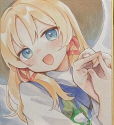 1girl :d blonde_hair blue_eyes blush brown_hat commentary_request dutch_angle frog hair_ribbon hand_puppet hat highres long_hair long_sleeves looking_at_viewer marker_(medium) moni_monico moriya_suwako open_mouth parted_bangs puppet purple_vest red_ribbon ribbon shirt smile solo touhou traditional_media tress_ribbon upper_body vest white_shirt