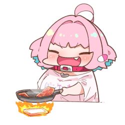 1girl ahoge bacon blue_hair blush breasts chibi closed_eyes clothes_writing collar commentary cooking earrings fang fire food frying_pan happy heart holding idolmaster idolmaster_cinderella_girls jewelry multicolored_hair open_mouth outstretched_arm pill_earrings pink_hair shirt short_hair short_sleeves simple_background smile solo symbol-only_commentary takato_kurosuke translated two-tone_hair upper_body v-shaped_eyebrows white_background wide_sleeves yumemi_riamu