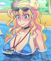 Rule 34 | 1girl, animated, animated gif, bikini, bikini top only, blonde hair, blue bikini, blue eyes, blush, breasts, choker, embarrassed, female focus, floating breasts, galko, heart, huge breasts, oshiete! galko-chan, pool, solo, sunglasses, swimsuit, water