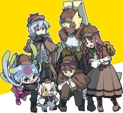 Rule 34 | 1girl, 2boys, amanokawa hiro, angoramon, bandaged arm, bandages, blue eyes, detective, digibibim, digimon, digimon (creature), digimon ghost game, dinosaur, gammamon, higashimitarai kiyoshiro, jellyfish girl, jellymon, long hair, monster girl, multiple boys, rabbit, short hair, tentacle hair, tentacles, triceratops, tsukiyono ruli, white hair