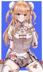 Rule 34 | 1girl, absurdres, ahoge, arm warmers, blue background, blunt bangs, blush, bow, breasts, brown eyes, brown shoes, bun cover, closed mouth, commentary request, double bun, dress, finger to cheek, floral print, floral print dress, full body, hair bow, hair bun, hair ornament, highres, inaba haneru (11th costume) (animare), inaba haneru (animare), index finger raised, looking at viewer, medium breasts, nanashi inc., ooike teru, print dress, puffy short sleeves, puffy sleeves, red bow, shoes, short dress, short sleeves, sitting, smile, solo, thighhighs, two-tone background, two side up, virtual youtuber, wariza, white background, white dress, white thighhighs, x hair ornament
