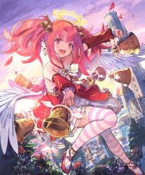 1girl angel angel_wings bell blush breasts bush cityscape collarbone day detached_sleeves dress earrings feathered_wings flower full_body hair_bell hair_ornament halo head_tilt heart heart_earrings holding holding_bell jewelry leaf leah_(shadowverse) long_hair looking_at_viewer magic mary_janes medium_breasts nature official_art open_mouth outdoors plant pleated_skirt red_dress red_eyes red_flower red_hair red_shoes rose running scenery shadowverse shoes skirt sky sleeveless sleeveless_dress smile solo striped_clothes striped_thighhighs sunlight sunset thighhighs tree twintails two-tone_dress u-suke_(supertie) white_dress white_skirt white_wings wings