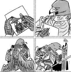 Rule 34 | animal head, armor, beak, bird, bird boy, chocytd, elden ring, elden ring nightreign, guardian (elden ring), hat, hat over eyes, hawk, highres, holding, ironeye (elden ring), large hat, meme, recluse (elden ring), weapon, witch, witch hat