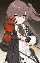 1girl absurdres black_jacket brown_hair collared_shirt girls&#039;_frontline highres jacket koenza_botoke leva_(girls&#039;_frontline_2) long_hair loose_necktie mechanical_arms necktie one_side_up open_clothes open_jacket parted_lips partially_unbuttoned scar scar_across_eye scar_on_face shirt single_mechanical_arm solo ump45_(girls&#039;_frontline) upper_body white_shirt yellow_eyes yellow_necktie