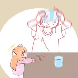 1boy 1girl absurdres animal_ear_fluff animal_ears blue_archive bowl brown_background chibi collarbone cup doodle_sensei_(blue_archive) drooling halo highres holding holding_bowl horuhara long_hair long_sleeves mari_(blue_archive) motion_blur pajamas pink_pajamas polka_dot polka_dot_pajamas saliva sensei_(blue_archive) shirt short_sleeves sleeves_past_wrists sparkling_eyes white_background yellow_halo