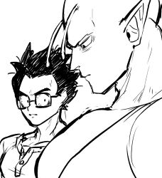 2boys alien antennae breast_envy closed_mouth collarbone dougi dragon_ball dragonball_z from_side girl_staring_at_guy&#039;s_chest_(meme) glasses greyscale looking_down looking_to_the_side male_focus meme monochrome multiple_boys no_eyebrows obata2nd pectorals piccolo pointy_ears shirt sideways_glance simple_background sleeveless solo_focus son_gohan upper_body wide-eyed yaoi