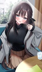 1girl absurdres black_shirt blush bow breasts brown_hair brown_skirt cup green_eyes grey_jacket hair_bow hair_ornament highres indoors jacket jewelry kuro_namako large_breasts long_hair long_sleeves looking_at_viewer necklace open_mouth original ribbed_shirt shirt skirt smile solo window