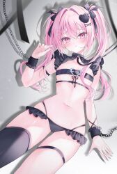 Rule 34 | 1girl, belt bra, black bow, black panties, black thighhighs, bow, breasts, chest strap, embarrassed, frilled panties, frills, hair bow, hair ornament, heart, heart hair ornament, highres, hiiragi (hr ccr), leash, long hair, looking at viewer, navel, original, panties, pink eyes, pink hair, restrained, revealing clothes, single thighhigh, small breasts, solo, stomach, sweat, thigh strap, thighhighs, twintails, underwear, x hair ornament