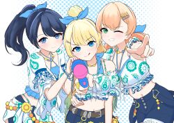 Rule 34 | 3girls, :q, absurdres, aiming, aiming at viewer, belt, blonde hair, blue eyes, blue hair, blue shorts, blush, collarbone, commentary, cropped shirt, detached sleeves, finger gun, floral print, floral print shirt, frilled shirt, frilled sleeves, frills, green eyes, hair bun, hair ornament, hands on another&#039;s shoulder, hasu no sanrenka, highres, hinoshita kaho, holding, holding water gun, link! like! love live!, looking at viewer, love live!, low twintails, midriff, multiple girls, murano sayaka, natsumeki pain, navel, official alternate costume, orange hair, osawa rurino, pointing, pointing at viewer, ponytail, print shirt, puffy short sleeves, puffy sleeves, shirt, short sleeves, shorts, simadaburyu, single hair bun, sleeveless, sleeveless shirt, suspender shorts, suspenders, suspenders hanging, tongue, tongue out, twintails, virtual youtuber, water gun, x hair ornament