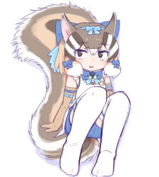 Rule 34 | 0x0082, 1girl, animal ears, belt, brown eyes, brown hair, chipmunk ears, chipmunk girl, chipmunk tail, elbow gloves, extra ears, full body, gloves, highres, kemono friends, kemono friends v project, looking at viewer, microphone, ribbon, shirt, short hair, shorts, siberian chipmunk (kemono friends), simple background, sleeveless, sleeveless shirt, solo, tail, thighhighs, vest, virtual youtuber
