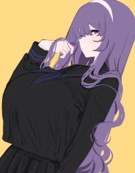 1girl black_serafuku breasts commentary_request cowboy_shot dutch_angle eurasia_(wtp09ptw14) francoise_(eurasia) hairband highres huge_breasts long_hair long_sleeves neckerchief original purple_eyes purple_hair purple_neckerchief sailor_collar sailor_shirt school_uniform serafuku shirt simple_background solo white_hairband yellow_background
