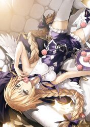 1girl ahoge angel_wings armchair bare_arms blonde_hair braid breasts chair collarbone crown eating fate/grand_order fate_(series) feathered_wings feet_out_of_frame fleur-de-lis food frilled_shorts frills from_above game_cg hair_between_eyes hand_to_own_mouth holding holding_food jeanne_d&#039;arc_(fate) knee_up konoe_ototsugu long_hair low_twin_braids low_twintails lying macaron metatron_jeanne_(fate) metatron_jeanne_(first_ascension)_(fate) neck_ribbon official_art on_back on_chair open_mouth pillow plate purple_ribbon purple_shorts ribbon shirt short_shorts shorts sideless_outfit sleeveless sleeveless_shirt small_breasts solo thighhighs third-party_source twin_braids twintails unbuttoned underbust undone_neck_ribbon unworn_crown upside-down white_shirt white_thighhighs white_wings wings yellow_eyes