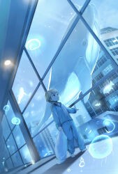 1boy barefoot black_eyes blonde_hair blue_pajamas blue_theme cocolo_(co_co_lo) dutch_angle fish flying_whale highres holding indoors jellyfish long_sleeves male_focus original pajamas parted_lips solo whale