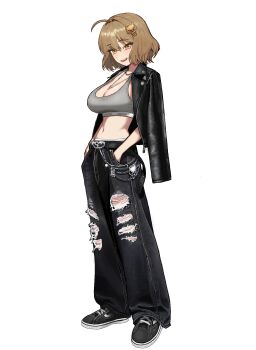 Rule 34 | absurdres, anis (nikke), anyak05, black jacket, black pants, breasts, brown eyes, brown hair, cleavage, goddess of victory: nikke, grey sports bra, highres, jacket, jacket on shoulders, large breasts, open mouth, pants, short hair, smile, sports bra, torn clothes, torn pants