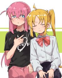2girls ahoge black_shirt black_skirt blonde_hair blue_eyes blush bocchi_the_rock! bow bowtie bright_pupils closed_eyes closed_mouth collared_shirt commentary earphones gotoh_hitori green_background highres ijichi_nijika kessoku_band_t-shirt long_hair multiple_girls pants parted_lips pink_hair pink_pants pleated_skirt red_bow red_bowtie shared_earphones shirt short_sleeves side_ponytail skirt smile takao_(88499191) two-tone_background white_pupils white_shirt