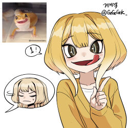 2girls artist_name blonde_hair blush bob_cut brown_eyes closed_eyes collarbone creature_and_personification gecko gegegekman gradient_hair highres image_in_speech_bubble index_finger_raised jacket leopard_gecko leopard_gecko_(gegegekman) licking_lips multicolored_hair multiple_girls open_mouth original personification photo_inset reference_inset reptile_girl shaking_head shirt signature slit_pupils tongue tongue_out white_background white_shirt yellow_jacket