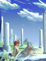Rule 34 | 2girls, 37 (reverse:1999), :d, absurdres, ancient greek clothes, armlet, barefoot, blue eyes, blue hair, blue sky, broken pillar, cloud, column, day, facing away, gold choker, grass, greco-roman clothes, hair between eyes, hairband, highres, jewelry, long hair, looking down, multiple girls, open mouth, outdoors, pillar, red hair, reverse:1999, simple bird, sitting, sky, smile, sophia (reverse:1999), tn kn1000, toga, very long hair, wariza, watermark, white hairband, wide shot