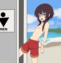 1girl beach blue_sky blurry blurry_background brown_hair cowboy_shot crossdressing day drawstring female_focus female_pervert flat_chest highres kono_subarashii_sekai_ni_shukufuku_wo! maho_malice male_swimwear male_swimwear_challenge medium_hair megumin nipples ocean open_mouth outdoors pervert red_eyes red_male_swimwear red_swim_trunks sand sky solo source_request swim_trunks swimsuit teeth topfreedom topless_female