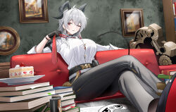 1girl absurdres black_choker black_gloves black_horns black_pants black_shoes black_tail book book_stack breasts button_gap cake can choker clothes_grab commentary couch crossed_legs curled_horns demon_tail drink_can earrings food gloves grey_hair high-waist_pants highres horns indoors jewelry key_earrings large_breasts long_hair looking_at_viewer looking_to_the_side mask necktie necktie_grab neckwear_grab no_jacket on_couch one_eye_closed pants parted_lips pdal_(pdalhhh) photo_(object) picture_frame plate red_eyes red_necktie shield shirt shirt_tucked_in shoes sitting sleep_mask solo strawberry_shortcake tail tight_clothes tight_pants unworn_mask white_shirt wuthering_waves zani_(wuthering_waves)