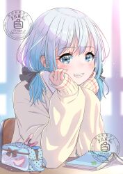1girl absurdres artist_logo black_ribbon blue_hair blush book bow brown_bow chair choppy_bangs classroom collared_shirt commentary_request day desk elbow_rest elbows_on_table eyelashes grey_eyes grin hair_ribbon hand_rest hands_on_own_face head_rest heart highres indoors logo long_hair looking_at_viewer low_twintails open_book original pancake_(pocket_domori) pen pencil_case ribbon school_chair school_desk school_uniform shirt sidelocks sideways_glance sitting sleeves_past_wrists smile solo sparkle sweater twintails upper_body upside-down_book watermark white_shirt window yellow_sweater