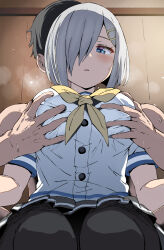 Rule 34 | 1boy, 1girl, belko, black hair, black pantyhose, blue eyes, blush, breasts, commentary request, grabbing another&#039;s breast, grabbing from behind, grey hair, groping, hair ornament, hair over one eye, hairclip, hamakaze (kancolle), hetero, highres, kantai collection, large breasts, neckerchief, pantyhose, parted lips, pleated skirt, sailor collar, school uniform, serafuku, shirt, short hair, short sleeves, sitting, skirt, solo focus, steam, sweat, yellow neckerchief
