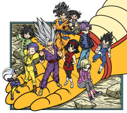 Rule 34 | 4girls, 6+boys, android 18, black hair, black pants, black shirt, blue bodysuit, blue pants, blue sash, blue shirt, blue vest, bodysuit, bulma, couple, denim, dragon ball, dragon ball super, dragon ball super super hero, dress, fenyon, gohan beast, green shirt, grey shirt, group picture, highres, husband and wife, kuririn, long hair, medium hair, multiple boys, multiple girls, orange pants, orange piccolo, orange shirt, pan (dragon ball), pants, piccolo, purple eyes, purple hair, purple pants, purple shirt, red dress, red sash, sash, shirt, short hair, son gohan, son goku, son goten, spiked hair, vegeta, vest, videl, yellow bodysuit