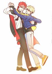 2boys ankko0823 arm_around_waist black_hair black_jacket black_pants black_shirt black_shoes blonde_hair blue_jacket blush braid braided_ponytail closed_eyes closed_mouth collared_shirt dancing earrings gloves grey_pants highres holding_hands jacket jacket_on_shoulders jewelry long_hair male_focus multicolored_hair multiple_boys open_mouth pants red_hair shiguang_dailiren shirt shoes short_hair single_braid single_earring sleeves_past_wrists smile tassel tassel_earrings turtleneck two-sided_fabric white_background white_shirt xia_fei xiao_weiying yaoi yellow_shoes