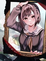 Rule 34 | 1girl, :o, arm up, black dress, black neckerchief, black shirt, black shoes, bob cut, bow, braid, breasts, brown eyes, brown hair, brown neckerchief, collarbone, collared shirt, dress, empty picture frame, fingernails, from above, grey bow, hair bow, hair intakes, highres, instagram, inverted bob, light particles, long sleeves, neckerchief, nhrg806, open mouth, picture frame, pillow, project sekai, puffy long sleeves, puffy sleeves, shinonome ena, shirt, shoes, short hair, single braid, sitting, sleeveless, sleeveless dress, small breasts, solo, swept bangs, two-tone neckerchief, wariza