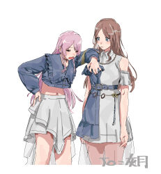 2girls absurdres b9_(rrrqqq) bang_dream! bang_dream!_it&#039;s_mygo!!!!! blue_eyes blush brown_hair chihaya_anon closed_mouth commentary dress fang grey_eyes hashtag-only_commentary highres jacket long_hair multiple_girls open_mouth pink_hair white_background